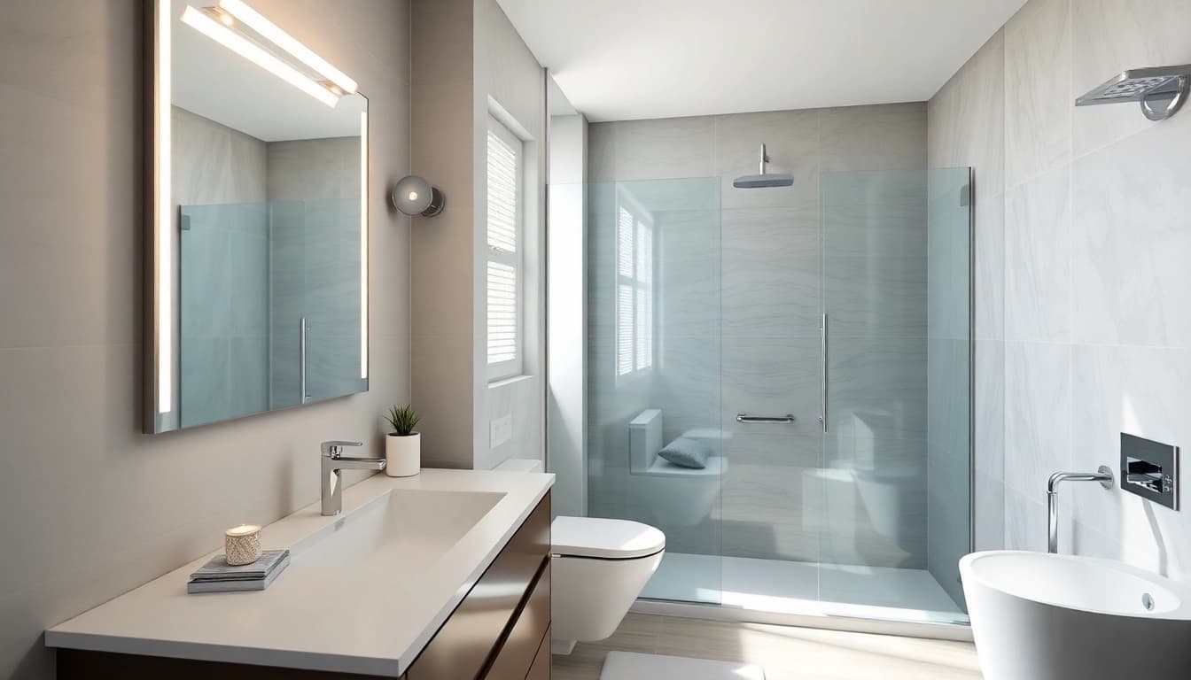 Modern small bathroom remodel featuring sleek design elements and a soothing atmosphere.