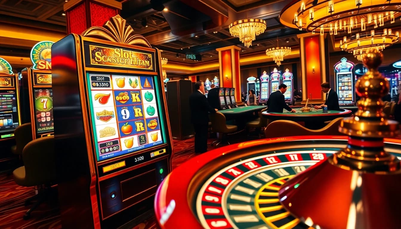 Play 'slot scatter hitam' on an enticing, vibrant casino floor filled with excitement and high-stakes action.