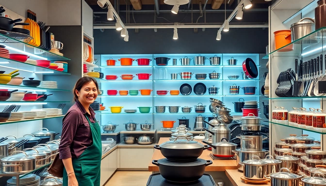 Explore the cookware shop Auckland filled with various pots, pans, and kitchen utensils.
