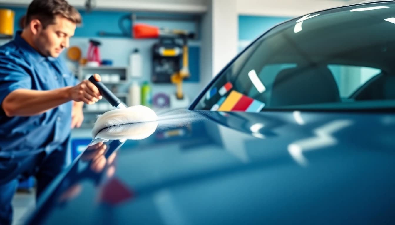 Best car detailing Chattanooga TN technician polishing a vehicle in a clean garage setting.