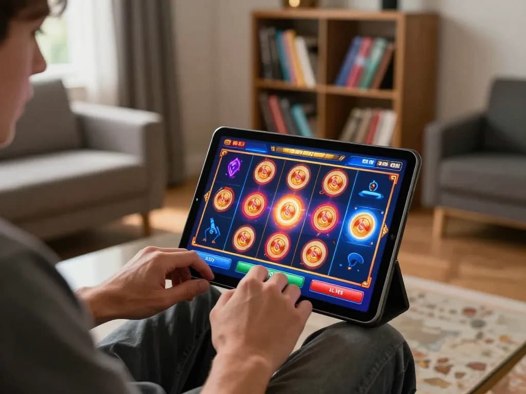 Player enjoying slot games on f168 tablet in vibrant home gaming setup with cozy atmosphere.