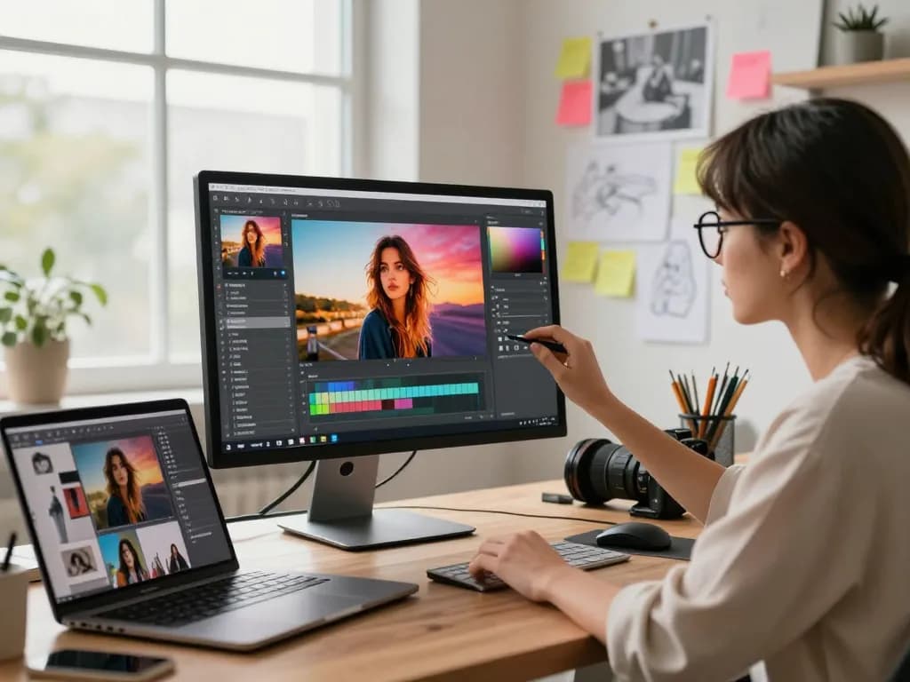 Designer using the nano banana pro AI image editor in a creative studio.