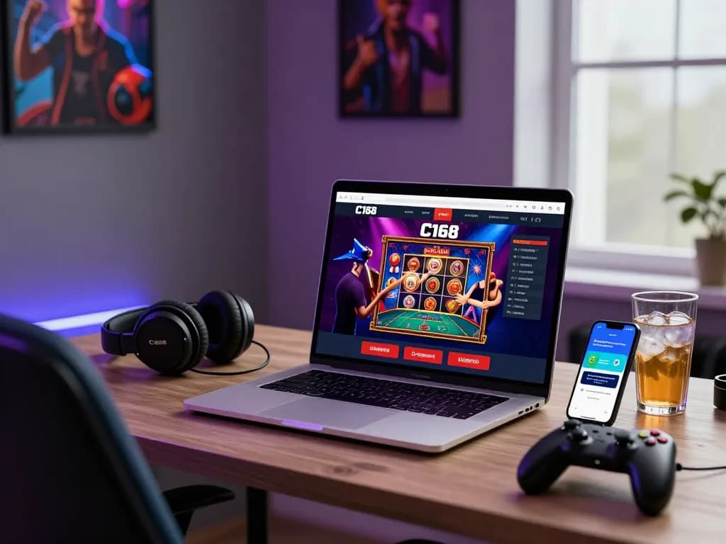 Exciting C168 online gaming platform on laptop screen, user engaged in live casino game, vibrant gaming workspace with lively atmosphere.