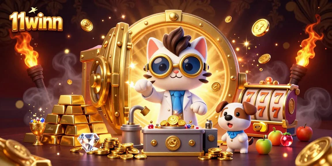 Win big at 11winn with a scene showcasing slot reels, gold coins, and vibrant characters.