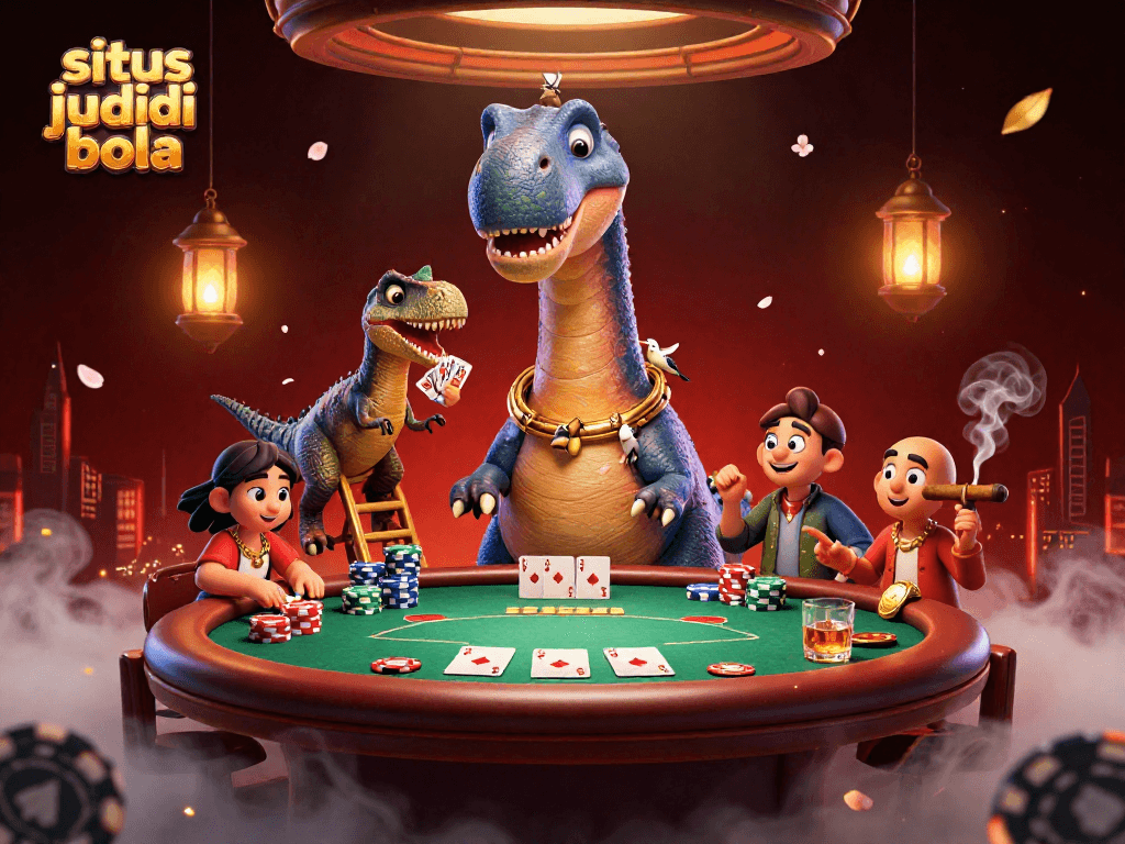 Experience situs judi bola action with a dinosaur dealing cards at a vibrant casino scene.