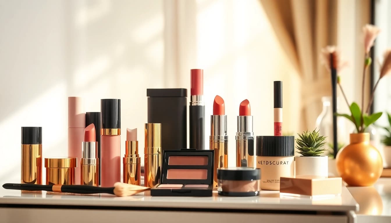Showcase of wholesale makeup suppliers' products, highlighting diverse cosmetics on a chic vanity.