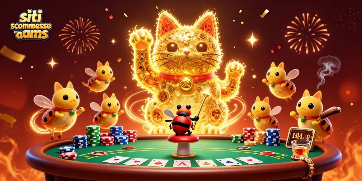 Giocare ai siti scommesse non AAMS con un gatto fortunato che saluta simboli del casinò.