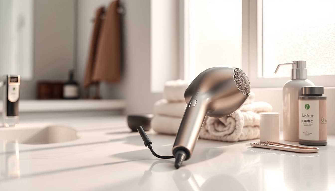 Stylish Ionic hair dryer on a bathroom counter, showcasing its sleek design and elegance.