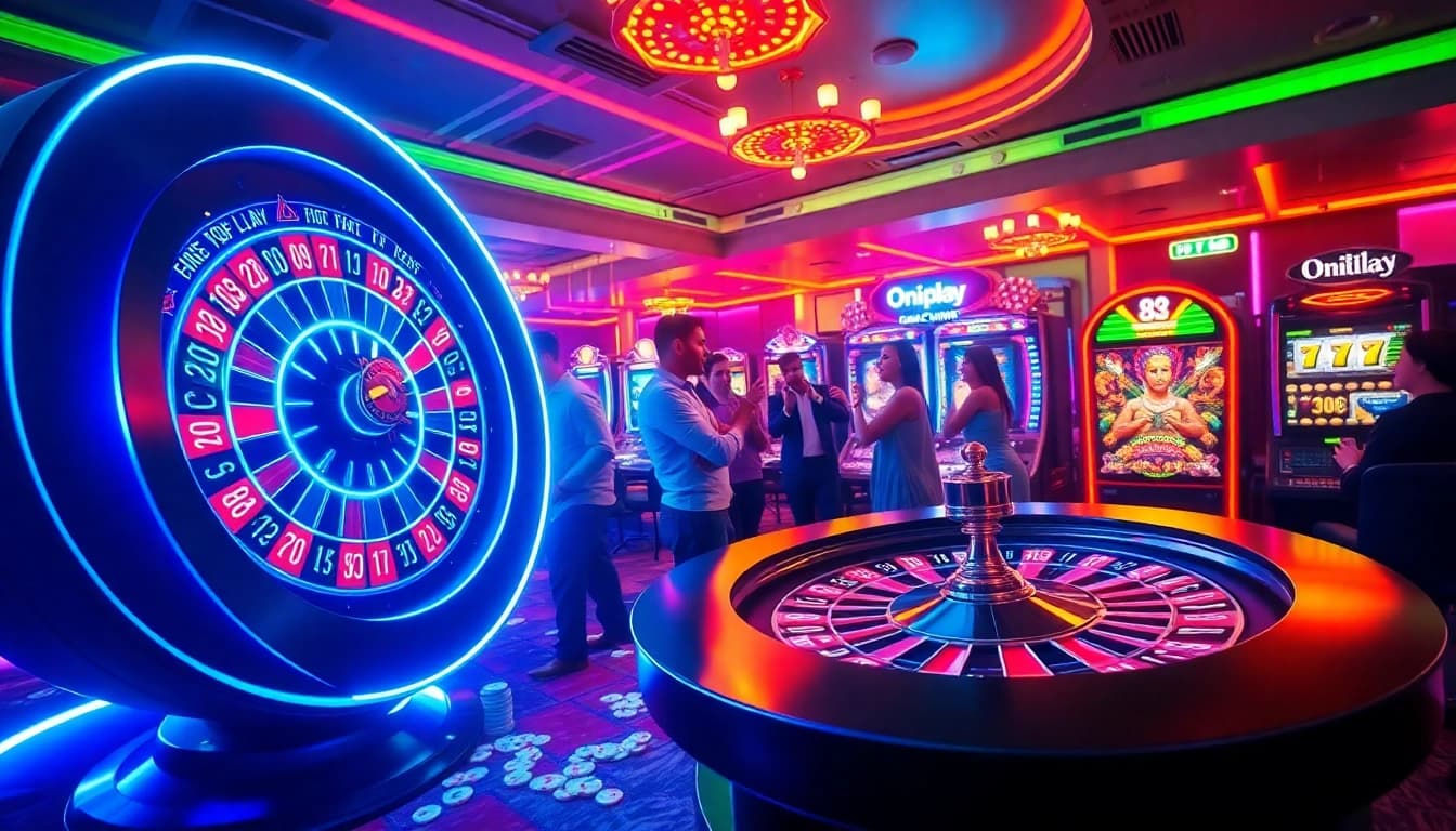 Engaged players enjoying the Onicplay online casino experience with vibrant slot machines and a roulette wheel.