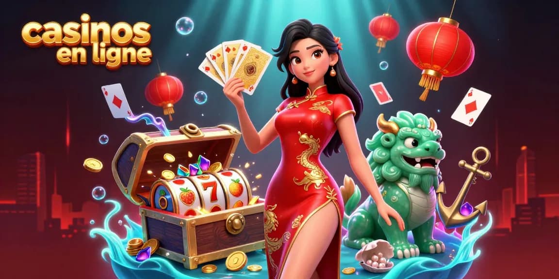Découvrez l'excitation des casinos en ligne avec une scène vibrante mettant en avant des personnages uniques et des éléments de jeu dynamiques.