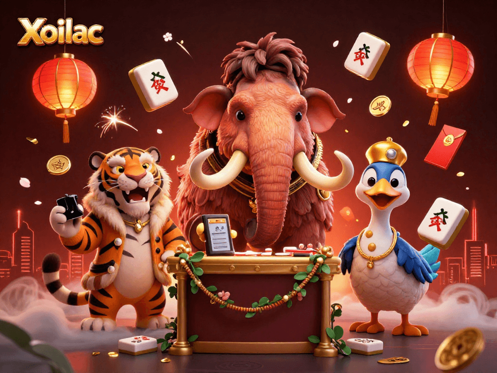 Xoilac welcomes you with vibrant 3D cartoon characters amidst lanterns and festive elements in an exciting casino scene.