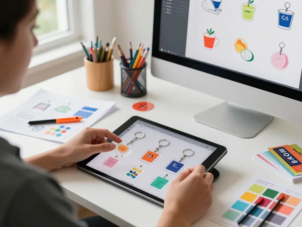 Custom acrylic keychain manufacturer showcasing vibrant designs in a creative workspace.