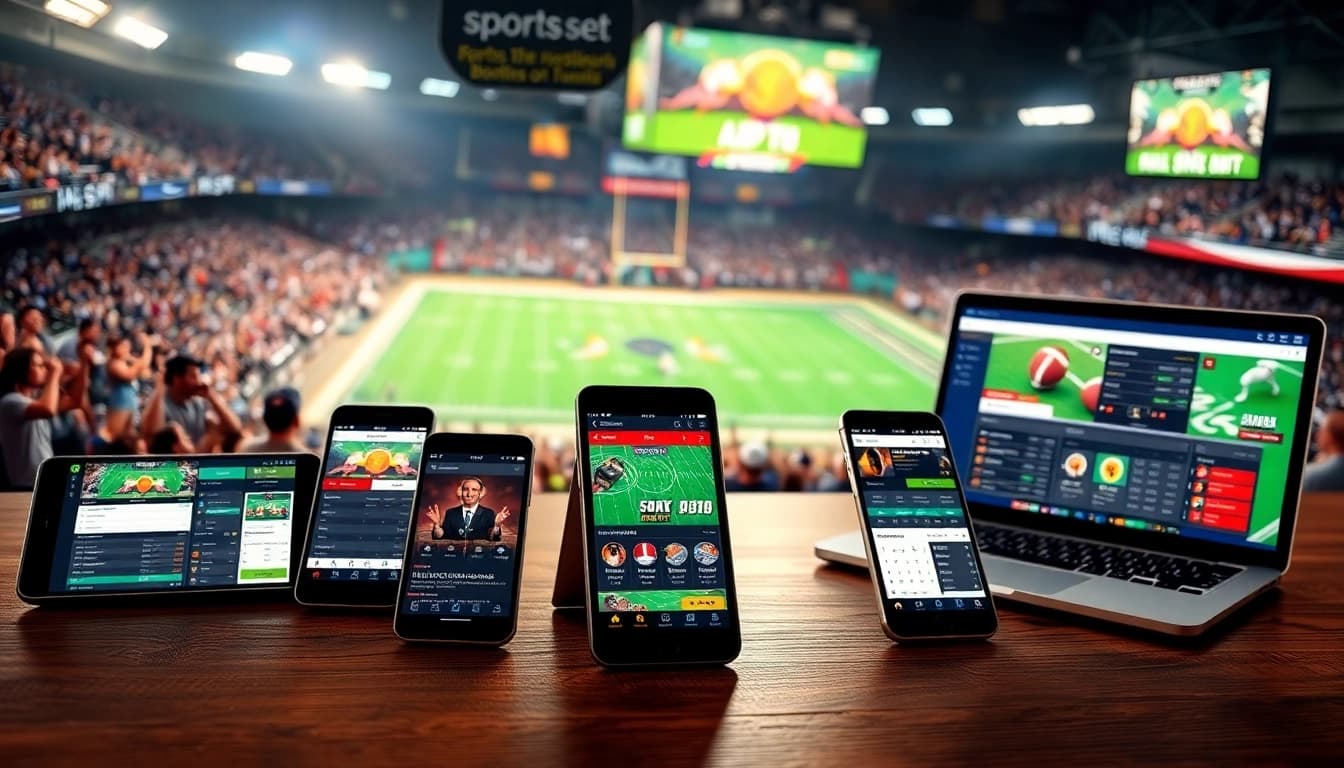 Engaging scene showcasing sportsbooks in Texas on various devices against a vibrant stadium background.