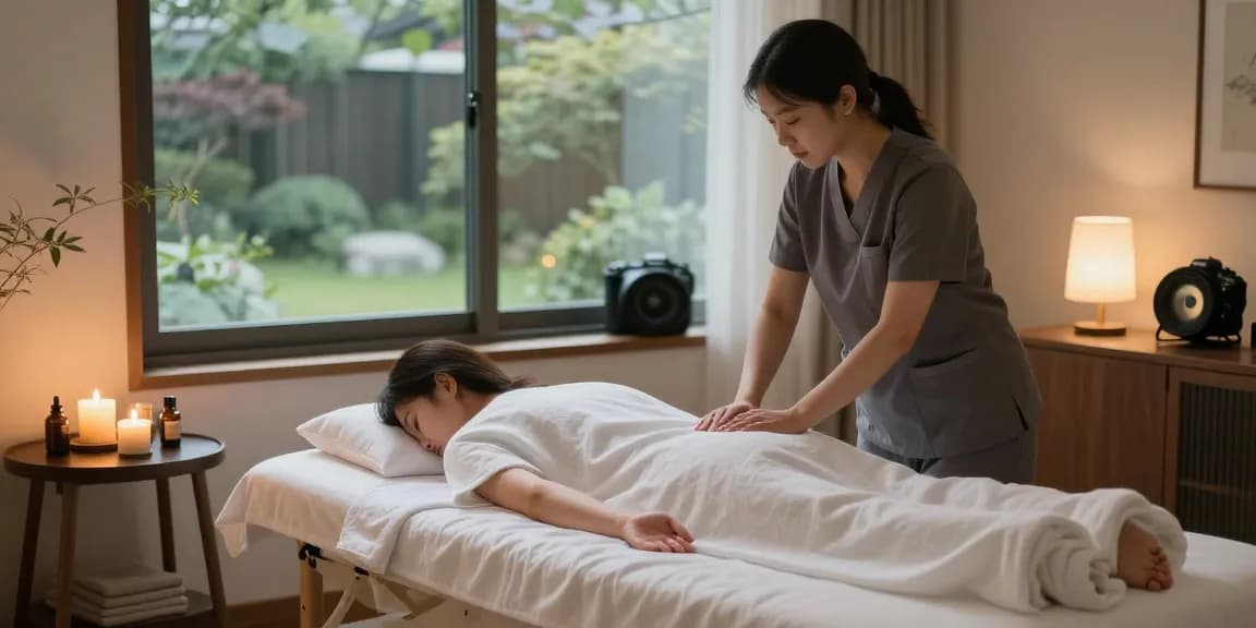 서울출장마사지 in a serene home massage environment with calming elements.
