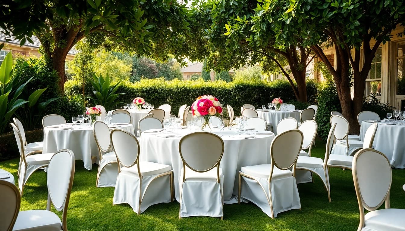 Experience elegant table & chair rentals with lush greenery and floral decor in a beautifully arranged outdoor setting.