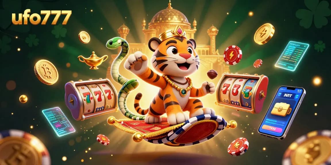 Engage with ufo777 for thrilling slot adventures on a vibrant, dynamic scene featuring a tiger sultan and glowing crypto coins.