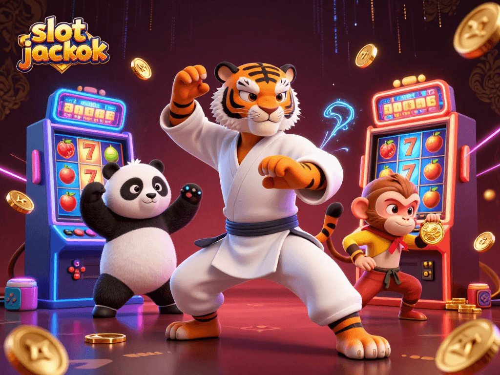 Spin to win with the vibrant slot jackpot scene featuring a kung fu tiger, panda, and monkey.