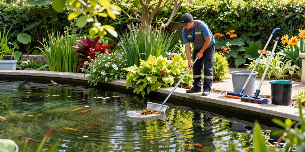 Professional Pond Cleaning London technician cleaning a beautiful garden pond in a serene environment.