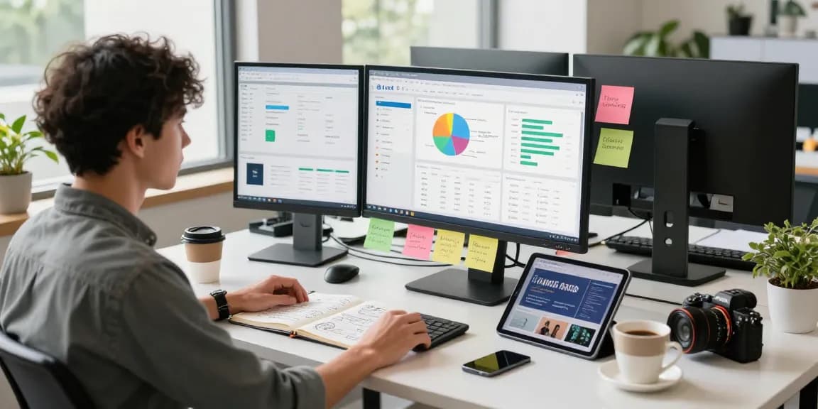 Person analyzing data on how to find profitable niches online in a modern workspace with charts and notes.