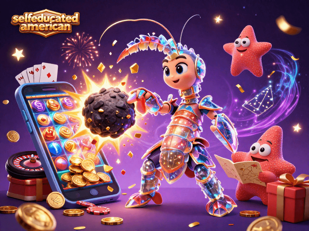 Selfeducatedamerican offers vibrant 3D casino adventure with exploding gems and spinning slot reels.