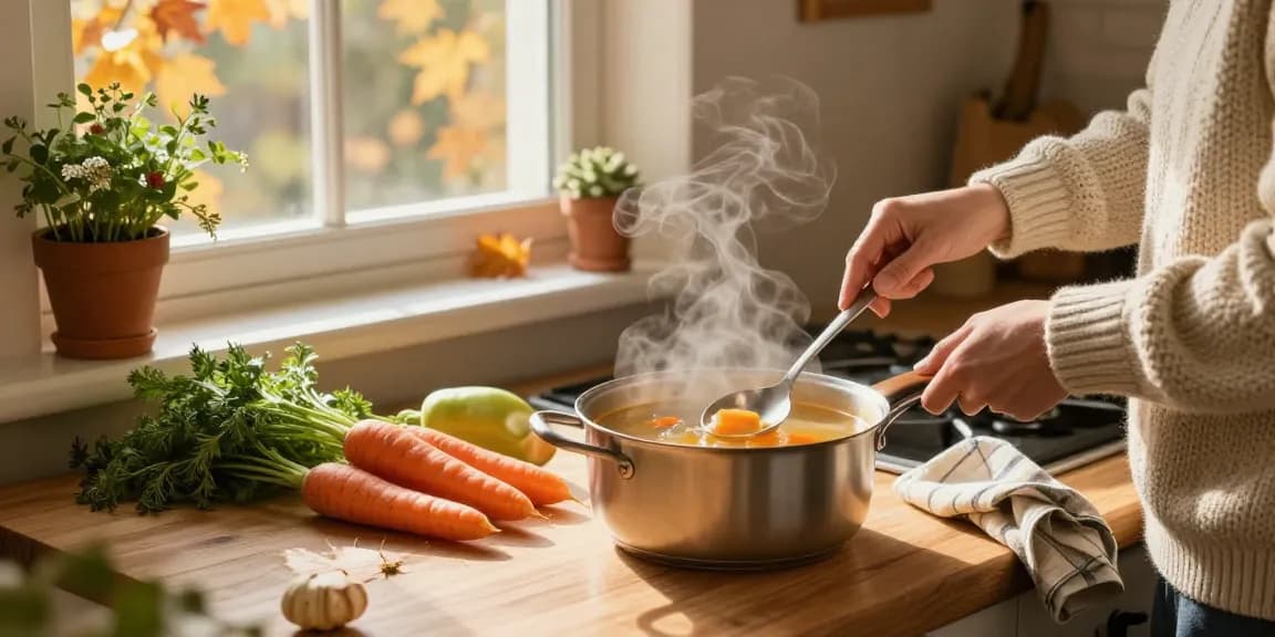 Köstliche klare Suppe, die in einer gemütlichen Küche zubereitet wird, mit frischen Zutaten und einer einladenden Atmosphäre.