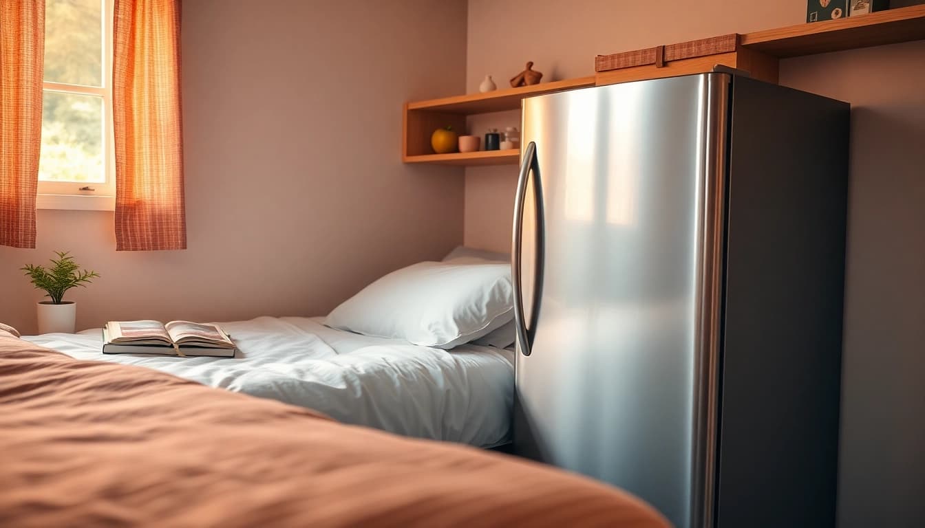 Stylish dorm room fridge displaying neatly arranged snacks and drinks in a cozy dorm setting.