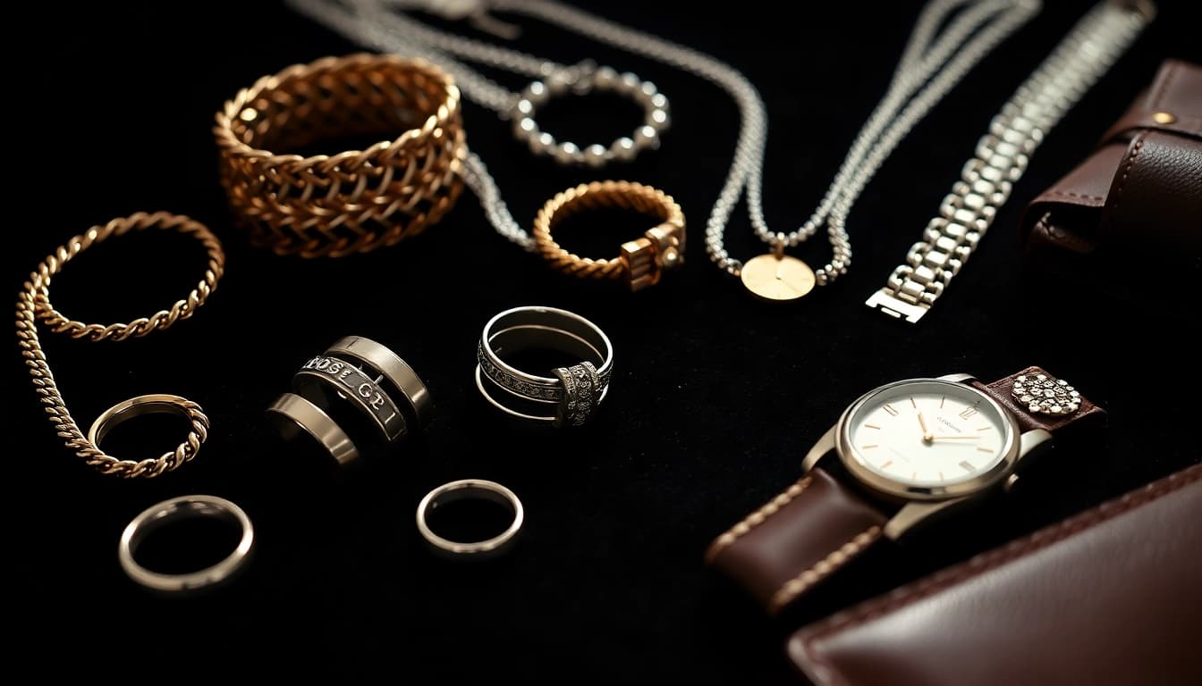 Explore stunning Men’s jewelry pieces arranged elegantly on black velvet.