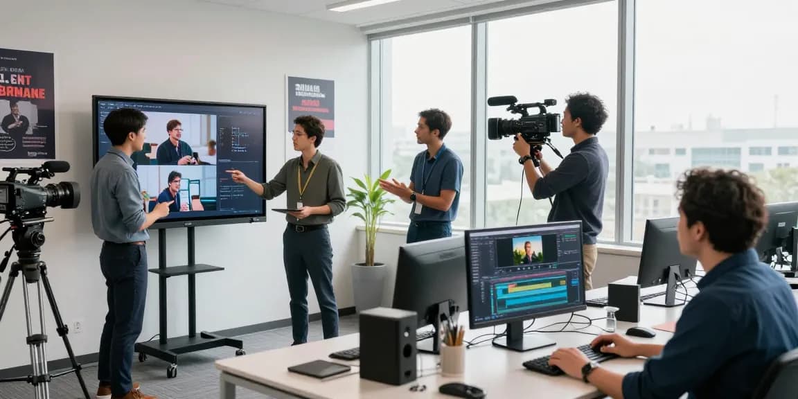 Dynamic team engaged in corporate video recording SG in modern studio setting with cameras and editing gear.