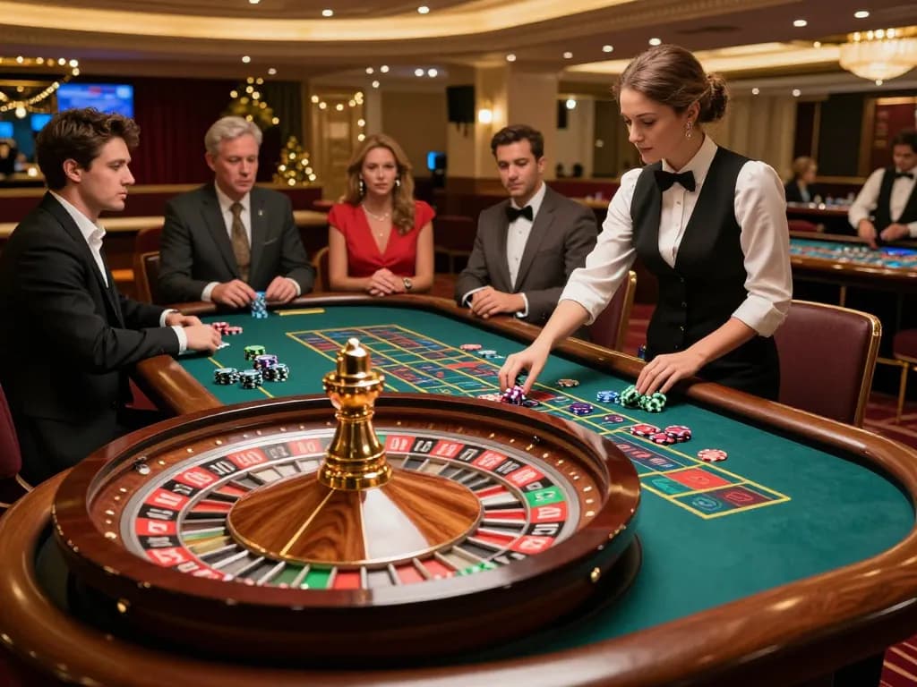 Engaging players at g28-t1 roulette table placing bets in a luxurious casino atmosphere.