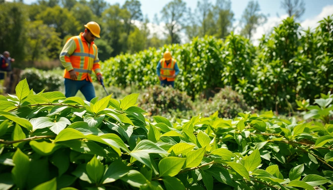 Japanese Knotweed Removal process featuring workers in protective gear clearing invasive plants.