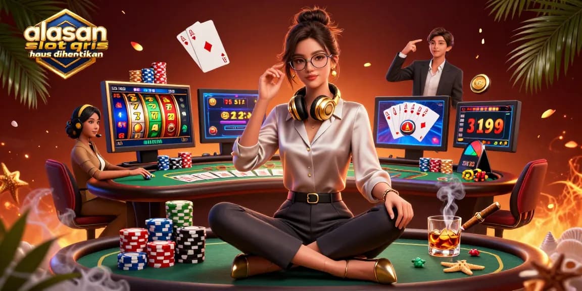 Immerse in the action of "alasan slot qris harus dihentikan" with a gaming scene showcasing vibrant slot reels and poker elements.