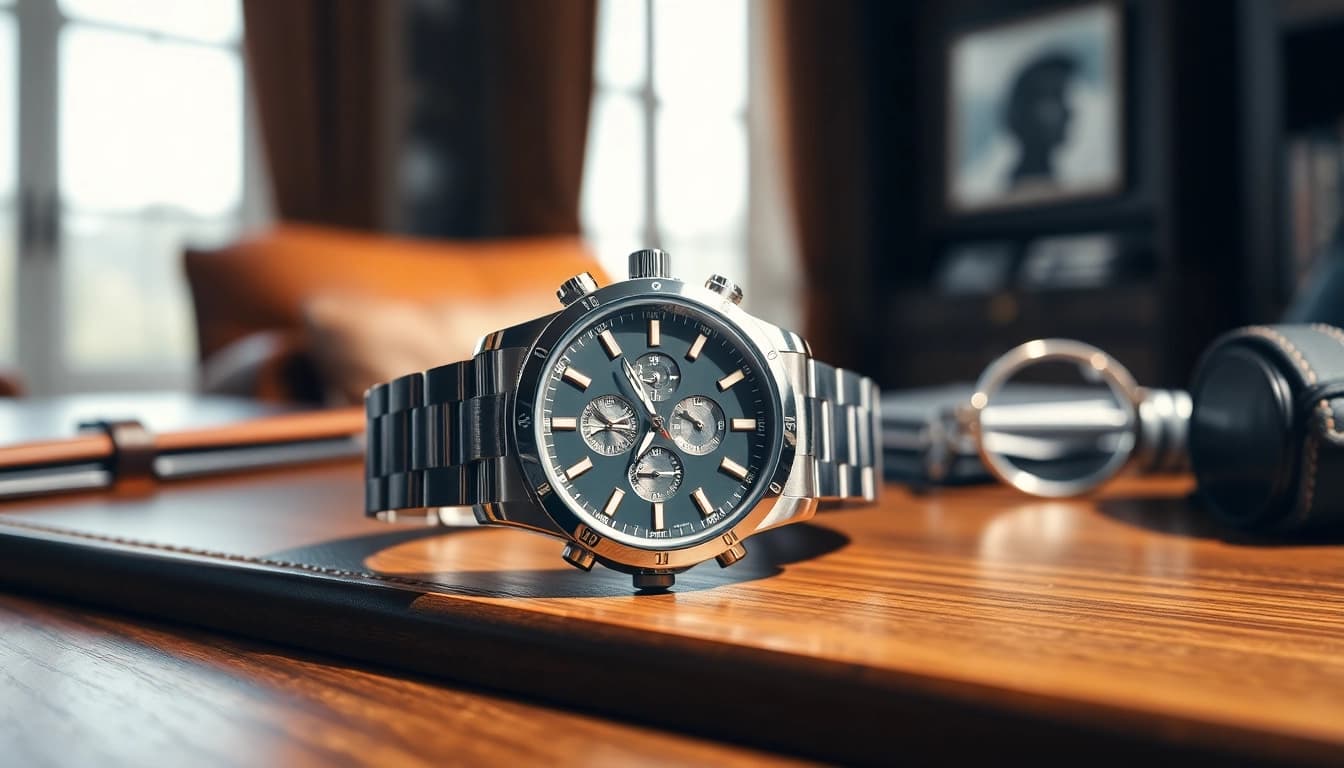 Showcase a luxurious replica watch with detailed craftsmanship on a wooden surface.