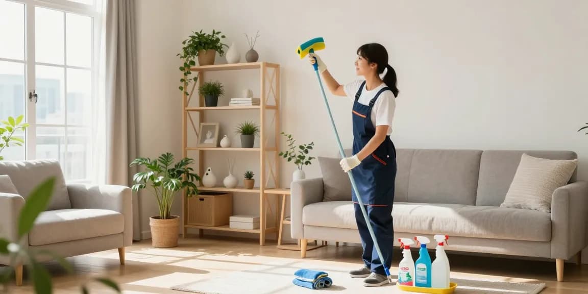 Professional cleaner demonstrating cleaning services Hong Kong in a modern living room setting.