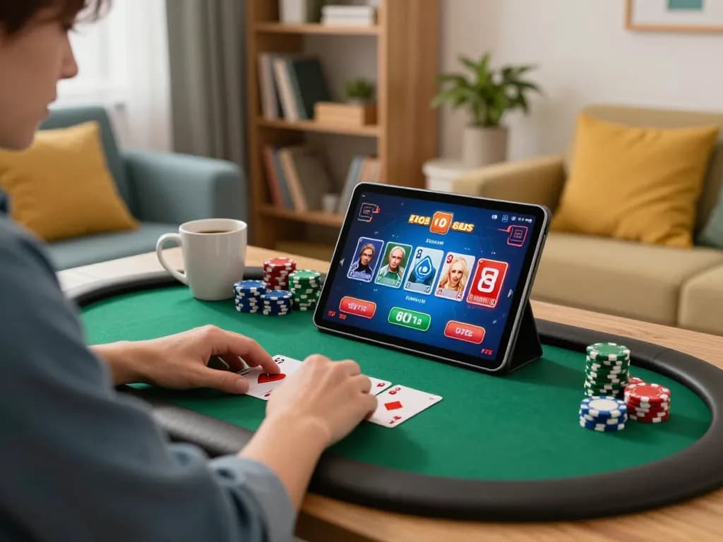 Engaging online poker gameplay at home featuring sc8885 digital interface amidst cozy atmosphere.