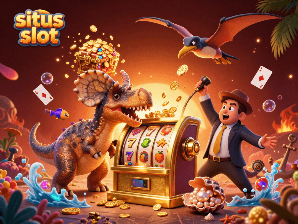 Situs slot scene with a dinosaur winning jackpot coins, dynamic casino elements scattered