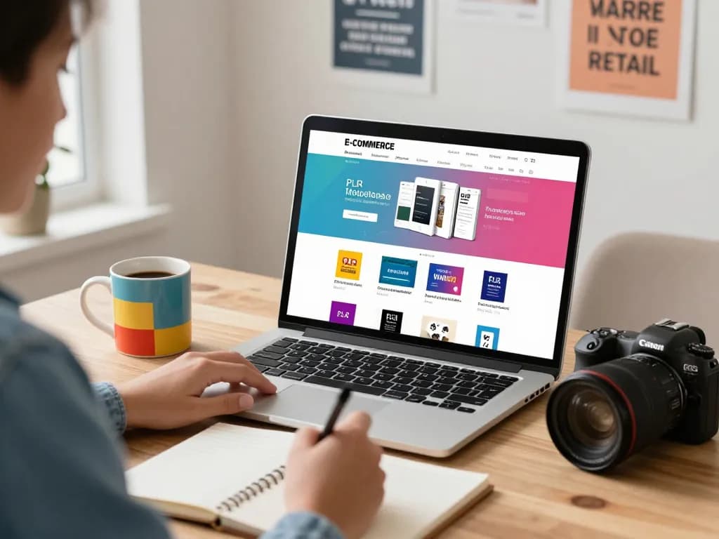 Explore PLR Digital Products for Sale in an engaging online shopping scene with a cozy home office setup.