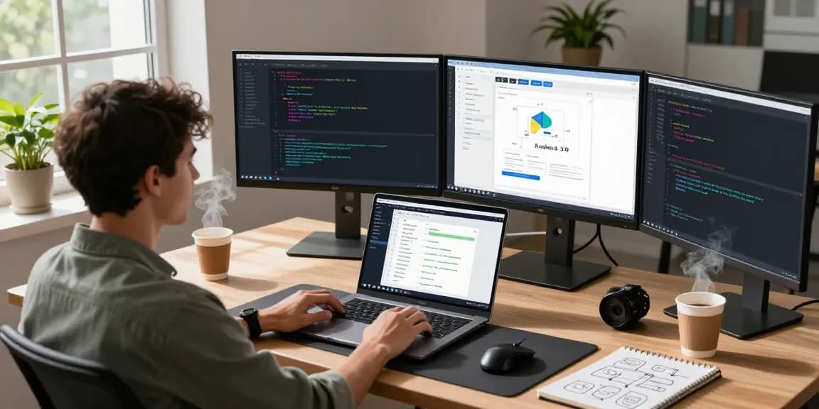 Learn dependency injection with Hilt in a vibrant software development workspace featuring Kotlin code on dual monitors.
