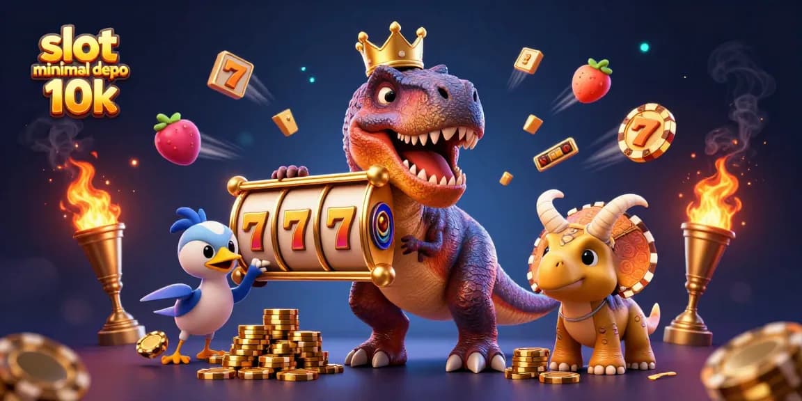 Slot minimal depo 10k menampilkan T-Rex ramah yang bermain slot, dilengkapi simbol keberuntungan dan koin emas.