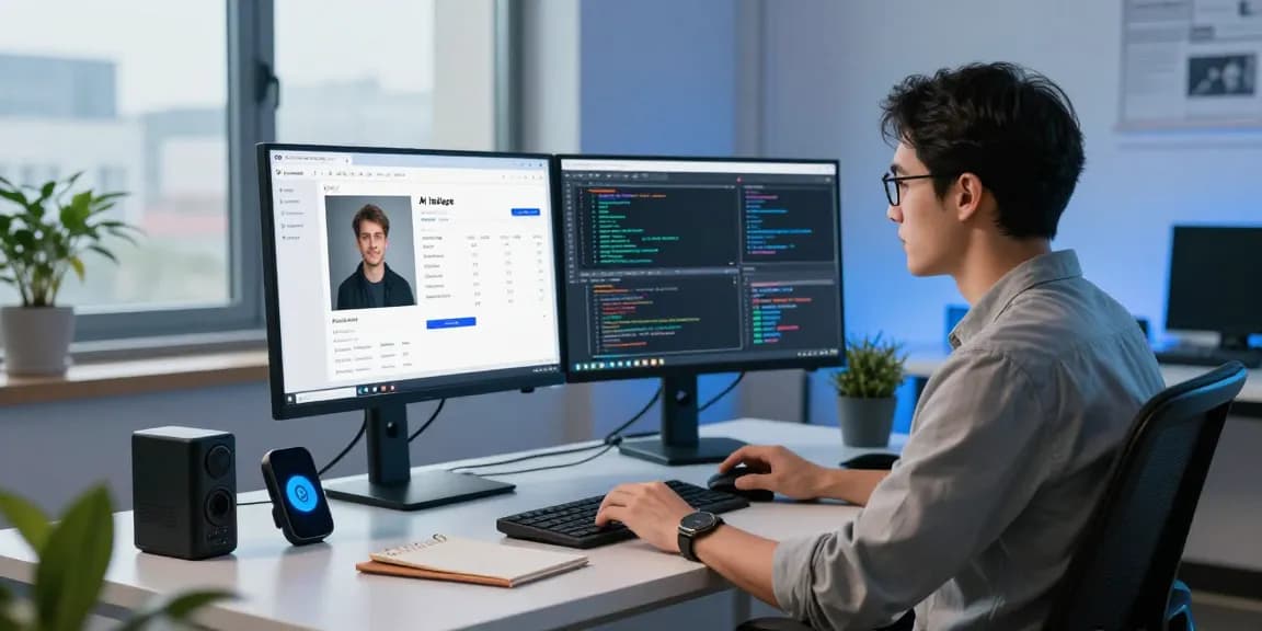 Engaged user analyzing results from the ai image checker on multiple screens in a modern tech workspace.