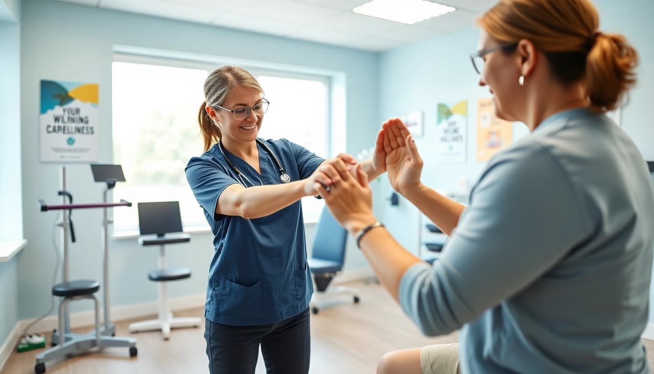 Empowering physiotherapy london session with a therapist assisting a patient in a professional setting.