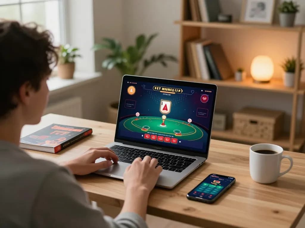 Engaging blackjack gameplay on a laptop screen at home, showcasing strategic online gambling with xfzc168.