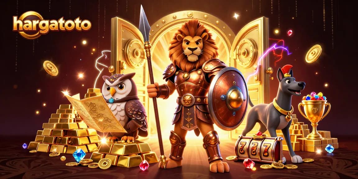 Engage in winning strategies with hargatoto, featuring vibrant casino elements and dynamic characters.