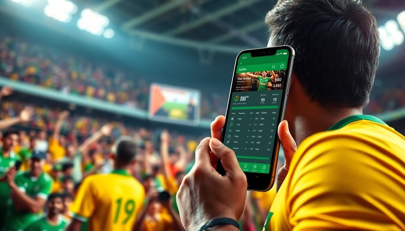Engaging smartphone interface showcasing sports betting in India surrounded by vibrant sports atmosphere.