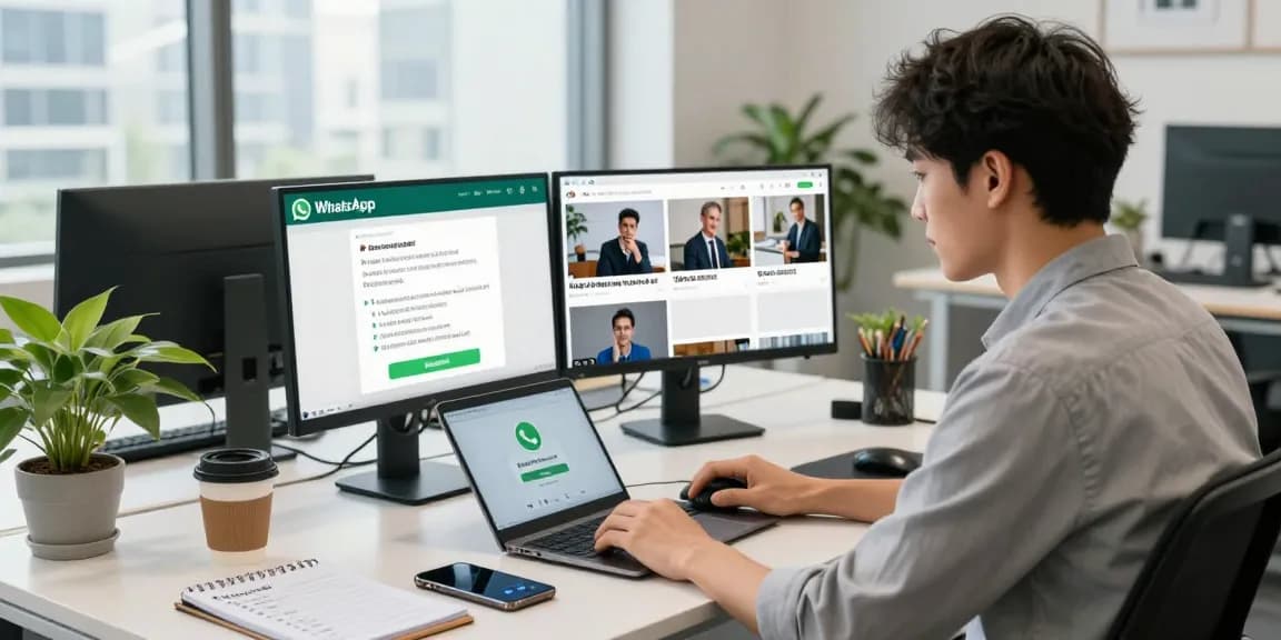 Using WhatsApp電腦版 on a laptop in a modern office workspace.