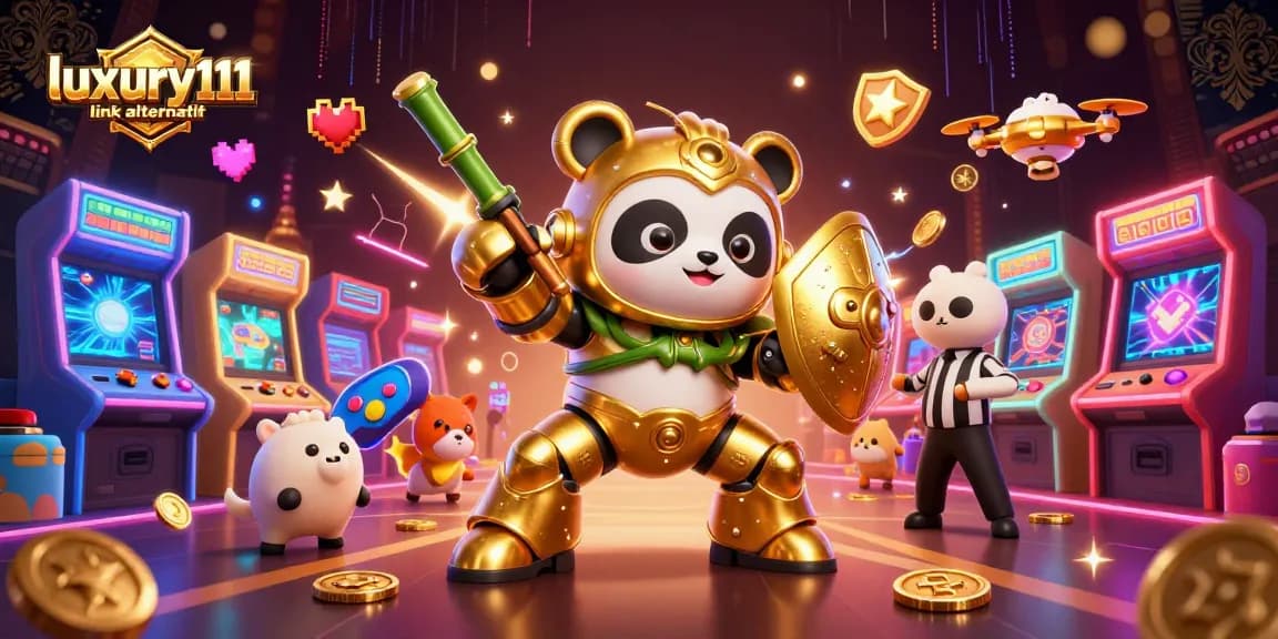 Experience luxury111 link alternatif in an energetic gaming arena with a golden panda mech-suit.