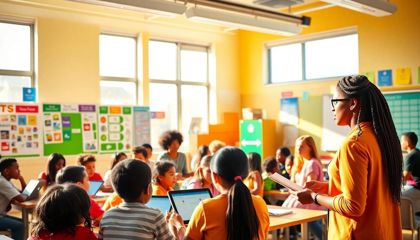 Education equity illustrated through a diverse classroom engaging in collaborative learning.