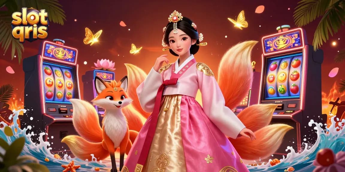 Engage with slot qris at an online casino, featuring vibrant slot machines and a stunning character design.