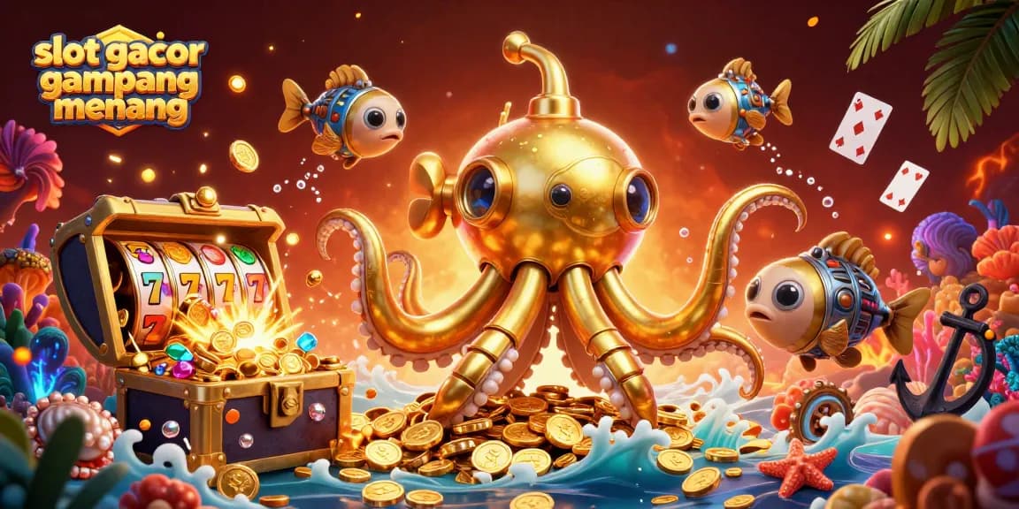 Visualisasi slot gacor gampang menang dengan kraken emas dan ikan mekanik di lautan koin emas.