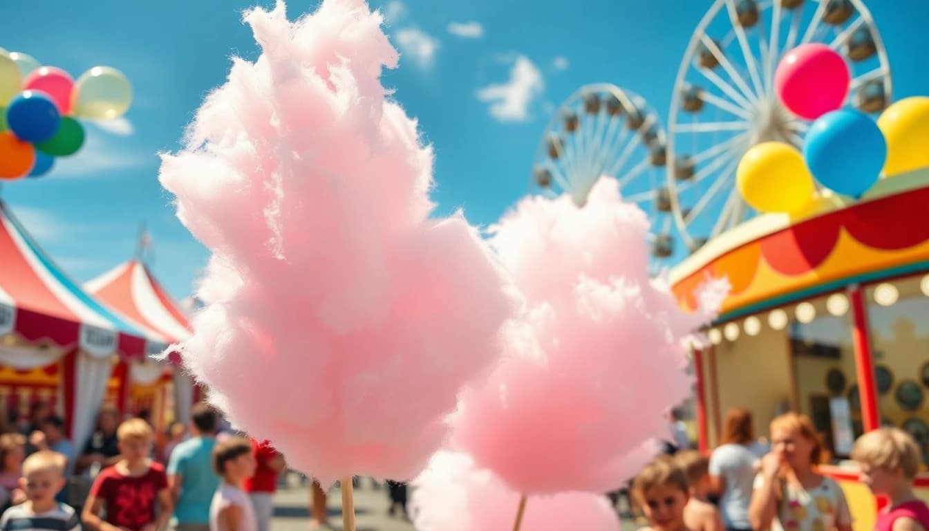 Geniet van heerlijke wafel katoen op een levendig fair met kleurrijke lekkernijen.