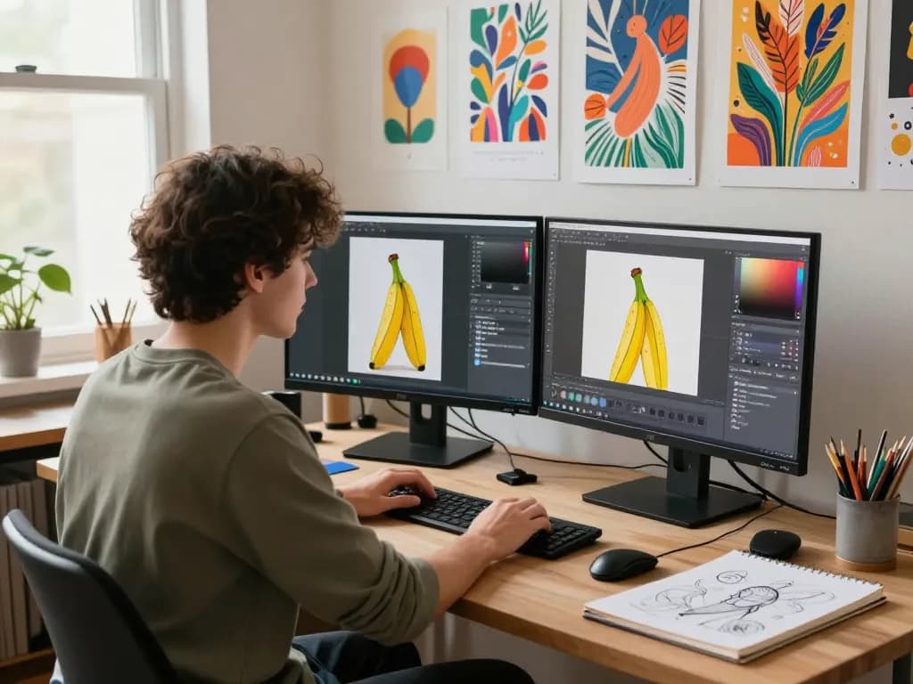 Artist using nano banana 2 AI image editor in a creative workspace with vibrant art inspirations.